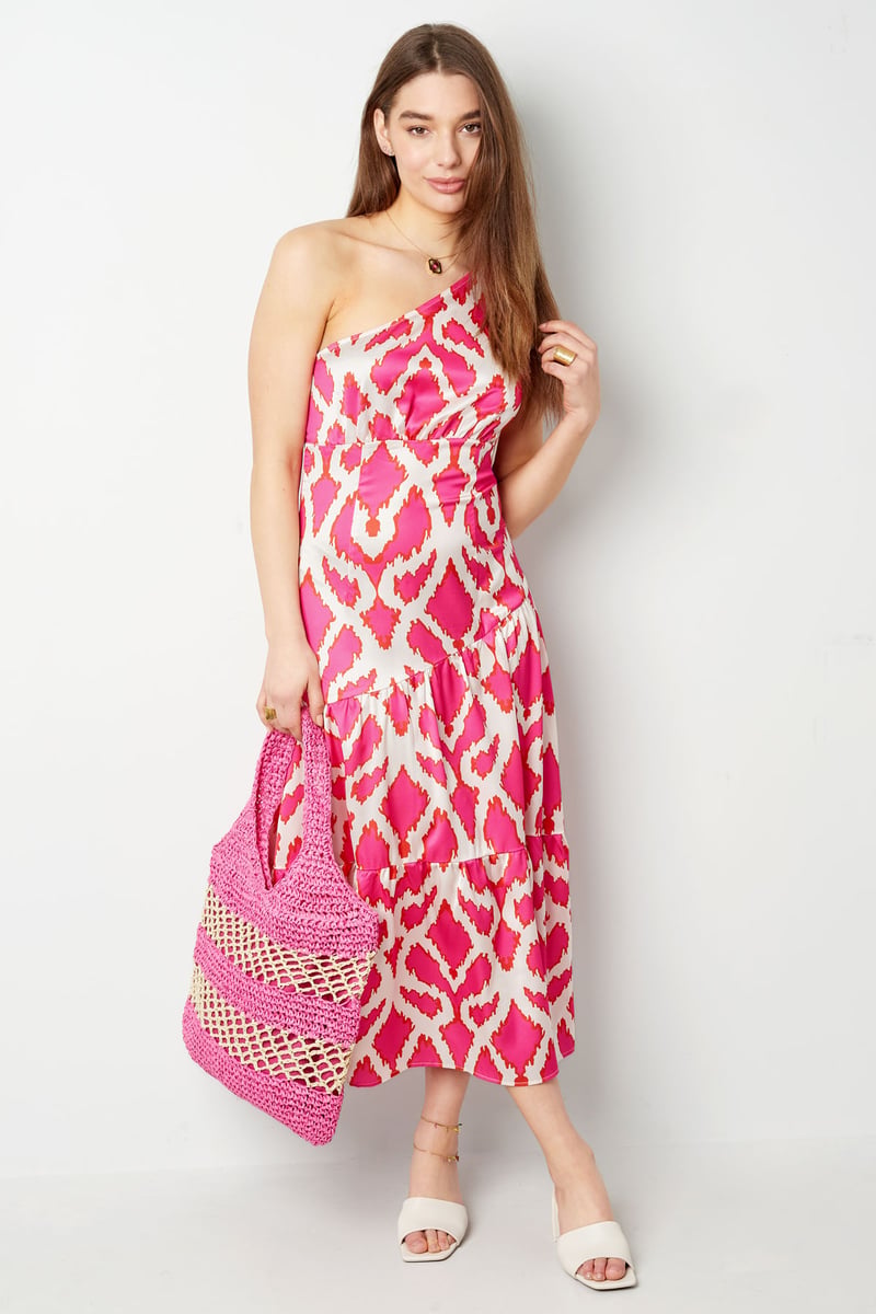 One-shoulder dress tropical bliss - fuchsia