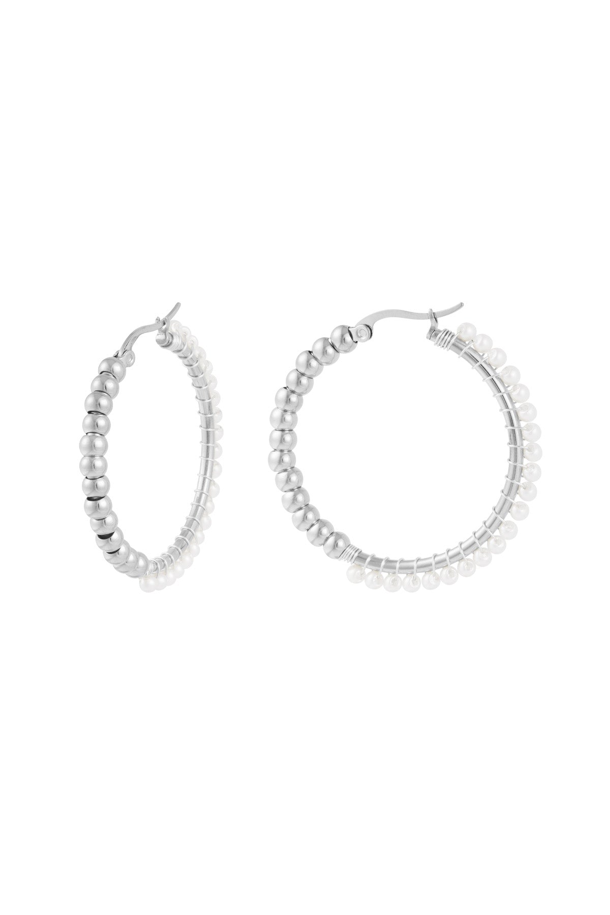 Stainless Steel Large Circle Pearl Bead Earrings - Silver Color color