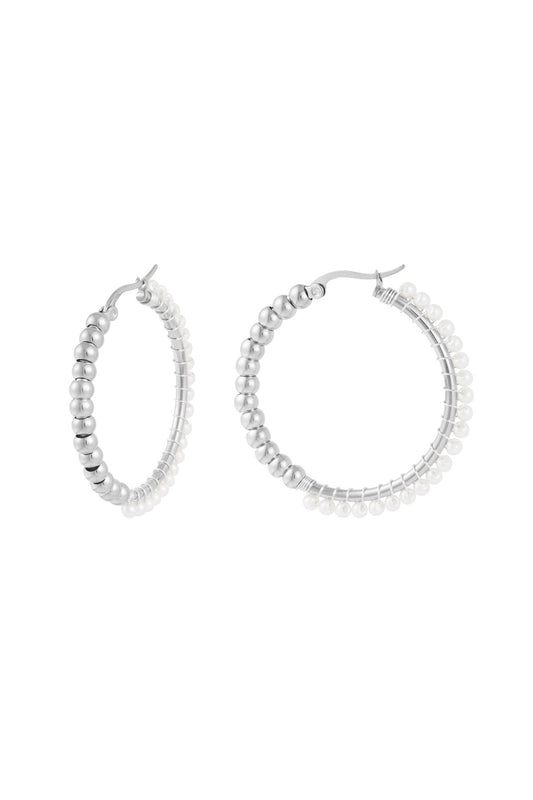Stainless Steel Large Circle Pearl Bead Earrings - Silver Color color